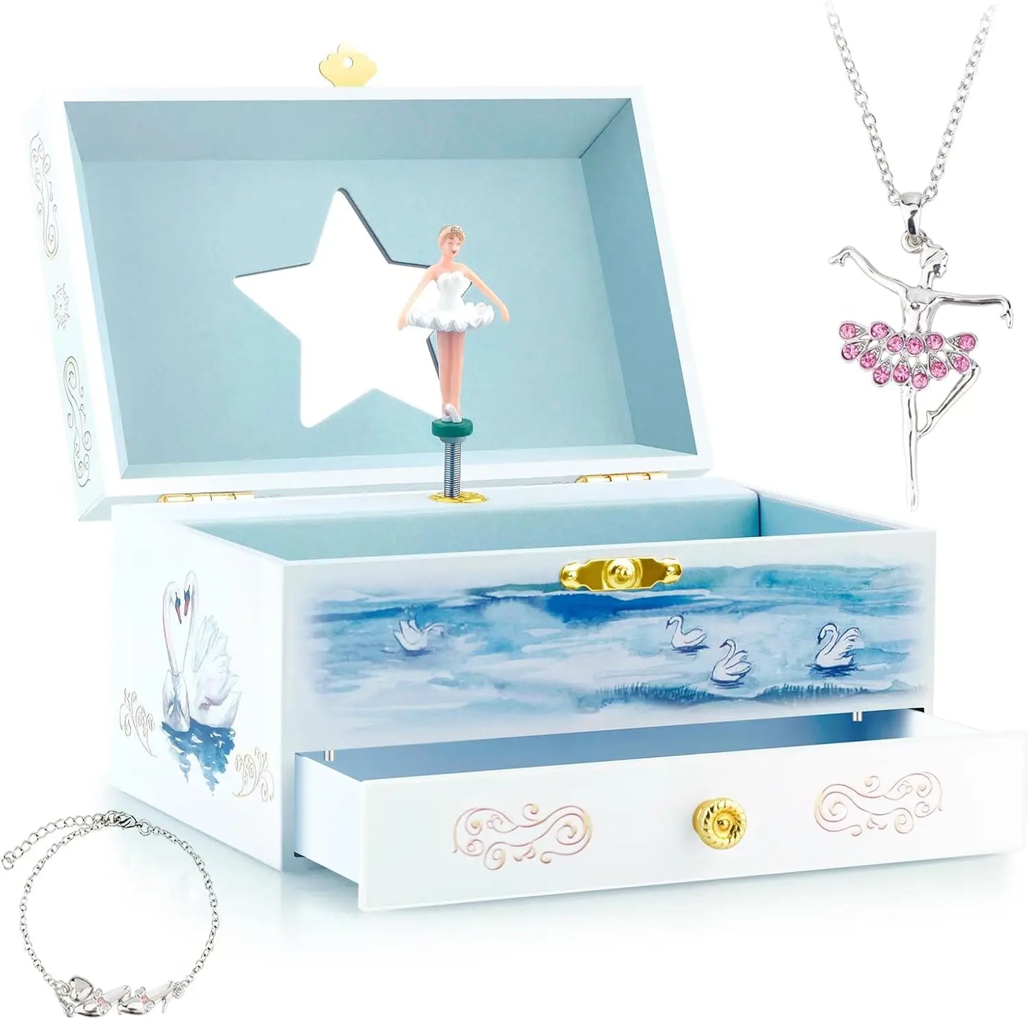 Kids Musical Jewelry Box with Drawer – Ballerina Theme, Swan Lake Tune, Velvet Lining | Girls Keepsake Organizer with Spinning Dancer 🎀