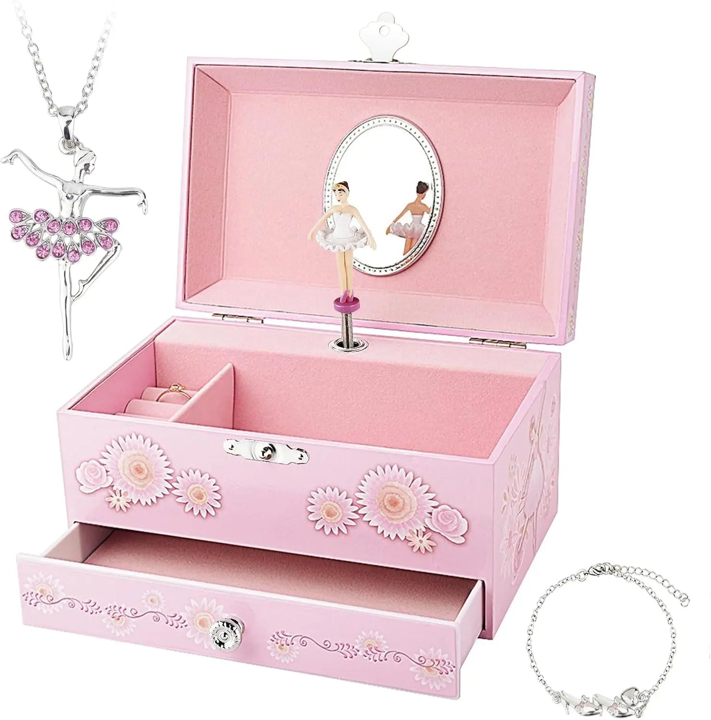 Kids Musical Jewelry Box with Drawer – Ballerina Theme, Swan Lake Tune, Velvet Lining | Girls Keepsake Organizer with Spinning Dancer 🎀