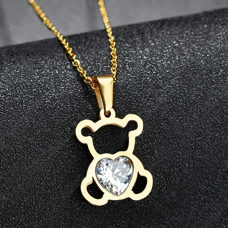 🐻 Cartoon Bear Crystal Pendant Necklace – Retro Fashion Jewelry for Boys & Girls | Cute Kids Gift 🎁 | Vintage Aesthetic Charm ✨