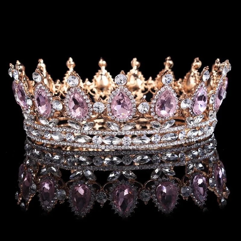 Rule with Radiance: Baroque Royal Queen King Rhinestone Round Crowns for Pageants, Photoshoots, and Parties!