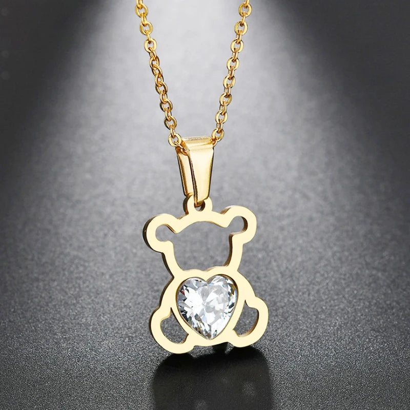 🐻 Cartoon Bear Crystal Pendant Necklace – Retro Fashion Jewelry for Boys & Girls | Cute Kids Gift 🎁 | Vintage Aesthetic Charm ✨