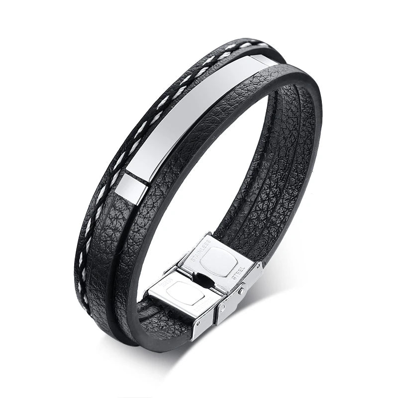 Personalised Stainless Steel Leather Bracelet for Boys & Teens | Engravable Multi-Layer ID Bangle | Birthday Gift!