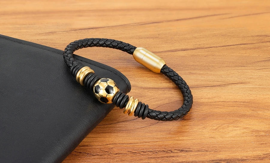 Score Big with Our Hand-Woven Leather Football Bracelet for Boys!