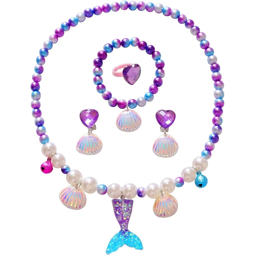 Girls Mermaid Jewellery Set Age 4–6 | Faux Pearl Necklace, Bracelet, Ring & Earrings | Kids Dress-Up Costume Jewellery Gift!