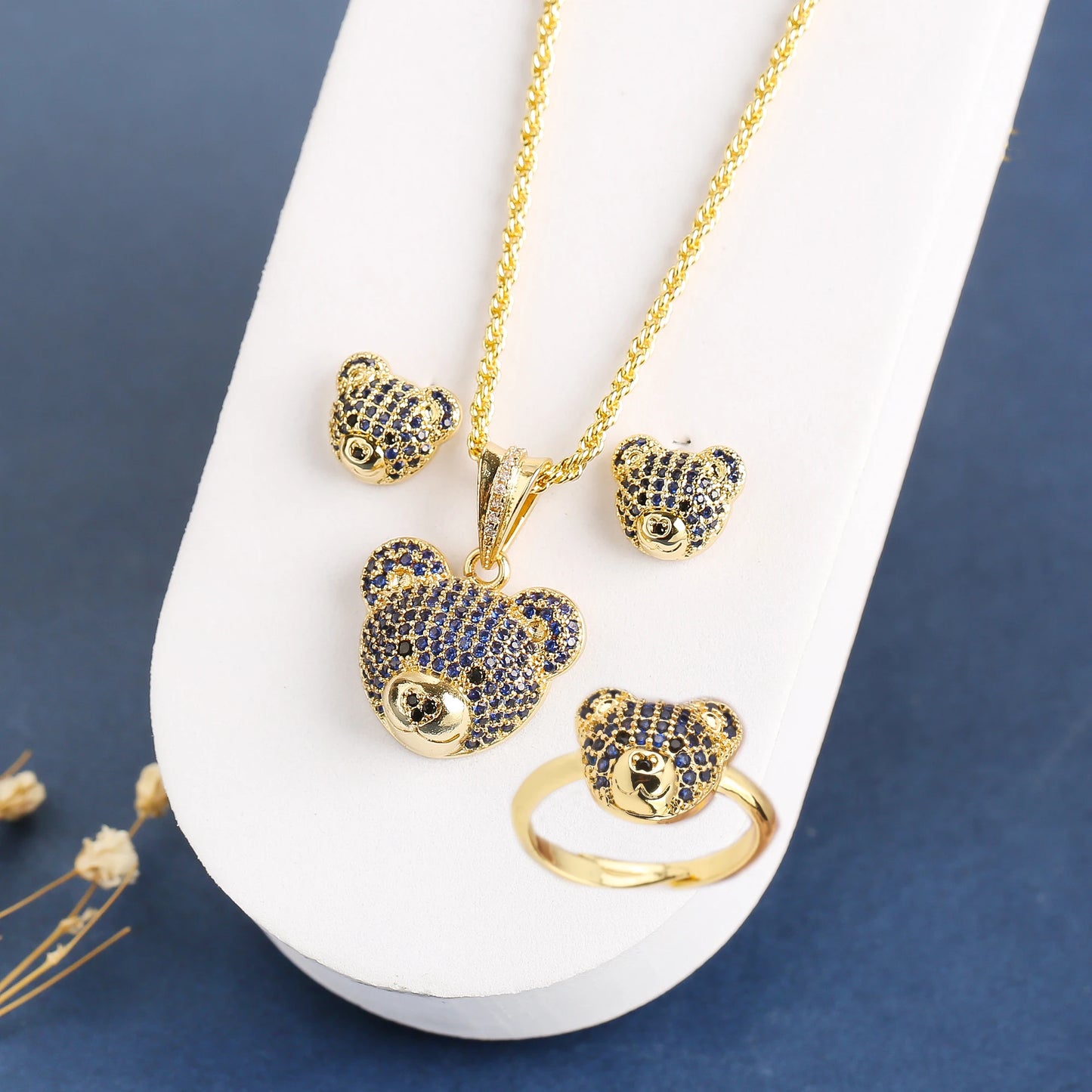 ✨ 3pcs Sparkling Bear Jewelry Set for Girls – Cubic Zirconia Necklace, Earrings & Ring | Cute Accessories for Kids & Teens!