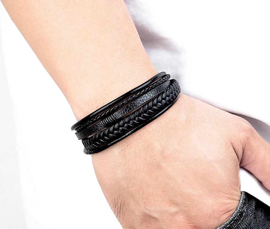Luxury Fashion Hand-Woven Leather Bracelet - Multilayer Stainless Steel Magnetic Buckle Party Jewelry Gift.
