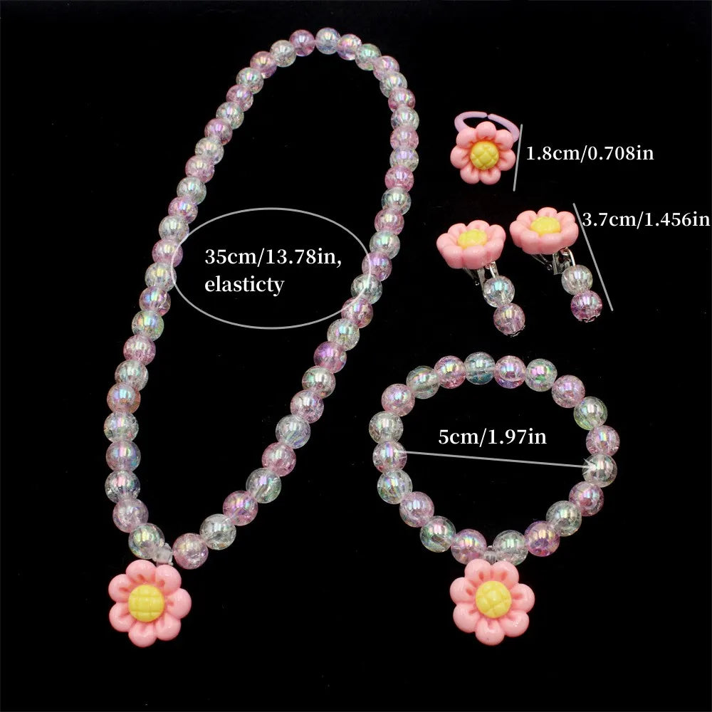 Baby Girl Flower Jewellery Set – Pink Resin Beaded Necklace, Bracelet, Earrings & Ring | Party Dress-Up Gift!