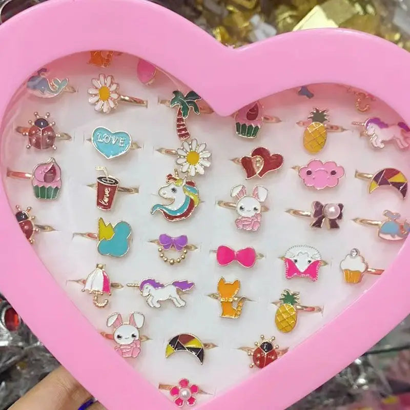 💖 36Pcs Princess Rings Set – Adjustable Crystal Flower Alloy Rings for Girls in Jewelry Gift Box 🎁 | Dress-Up Accessories
