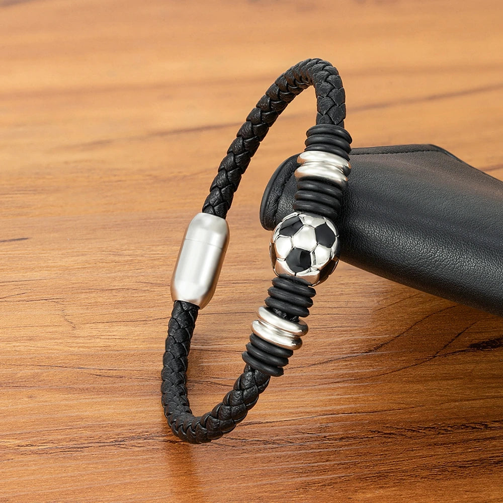 Score Big with Our Hand-Woven Leather Football Bracelet for Boys!