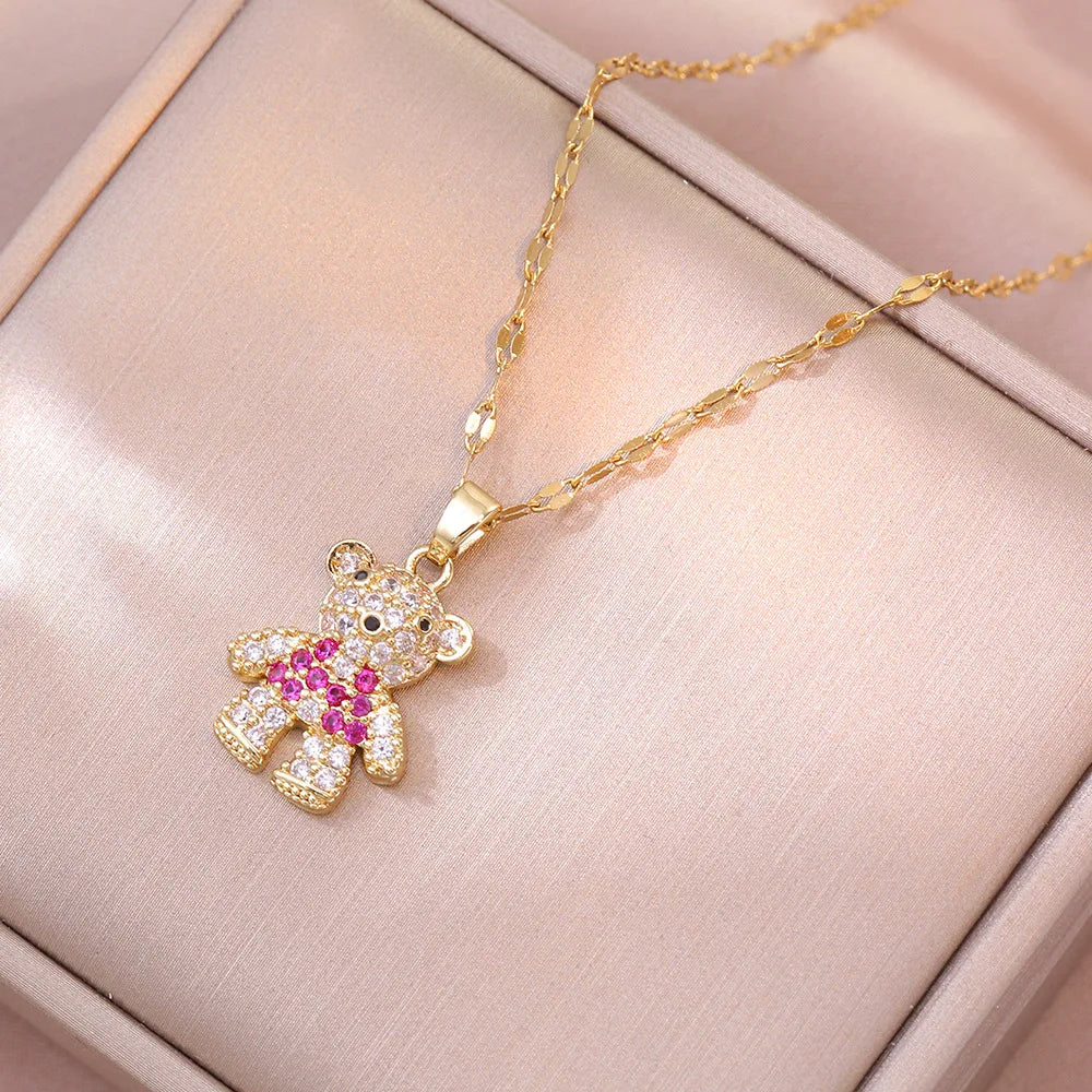 Cute Zircon Bear Pendant Necklace for Girls 💖 | Stainless Steel Jewelry Gift.