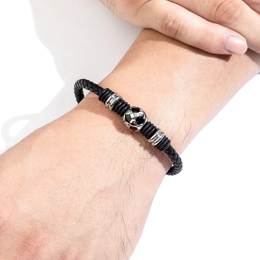 Score Big with Our Hand-Woven Leather Football Bracelet for Boys!