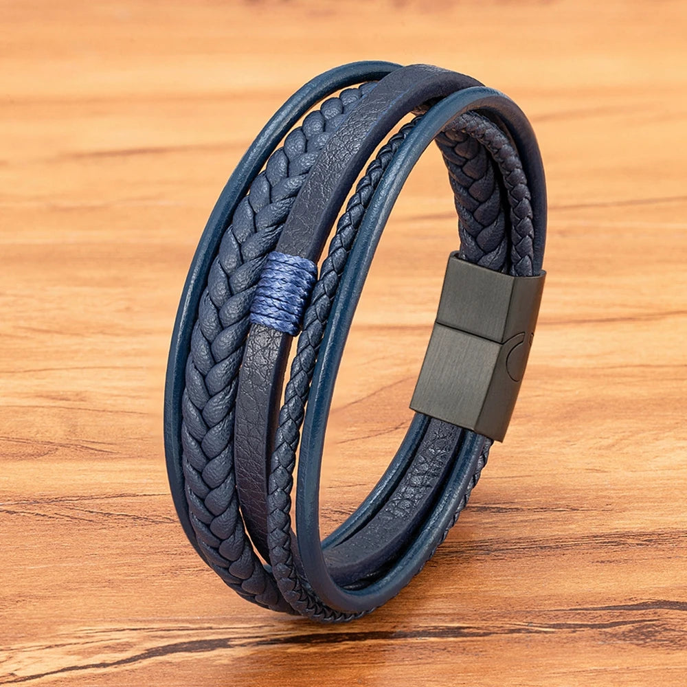Luxury Fashion Hand-Woven Leather Bracelet - Multilayer Stainless Steel Magnetic Buckle Party Jewelry Gift.