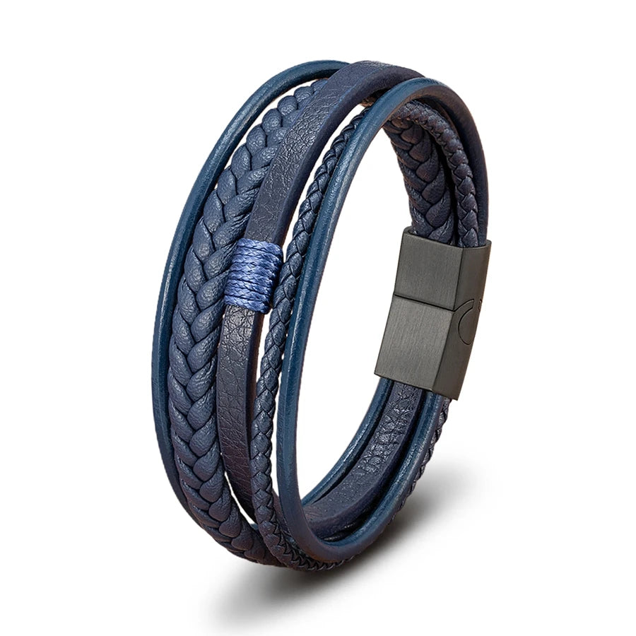 Luxury Fashion Hand-Woven Leather Bracelet - Multilayer Stainless Steel Magnetic Buckle Party Jewelry Gift.
