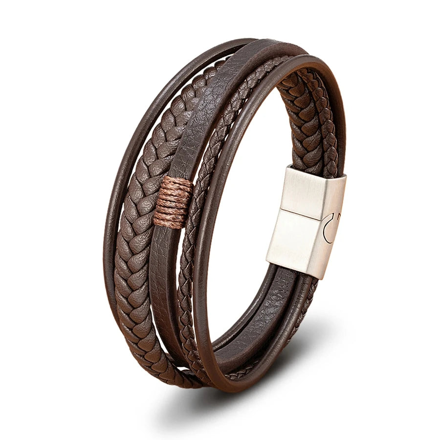 Luxury Fashion Hand-Woven Leather Bracelet - Multilayer Stainless Steel Magnetic Buckle Party Jewelry Gift.