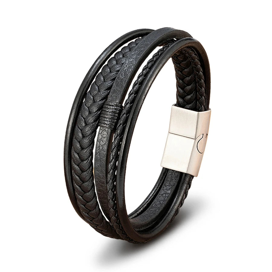 Luxury Fashion Hand-Woven Leather Bracelet - Multilayer Stainless Steel Magnetic Buckle Party Jewelry Gift.