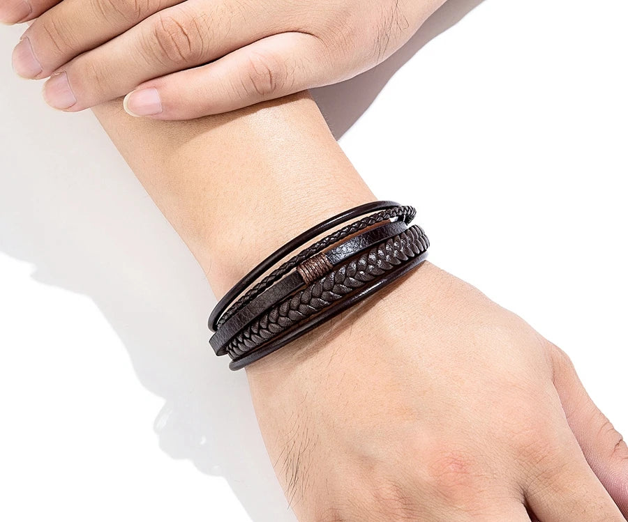 Luxury Fashion Hand-Woven Leather Bracelet - Multilayer Stainless Steel Magnetic Buckle Party Jewelry Gift.