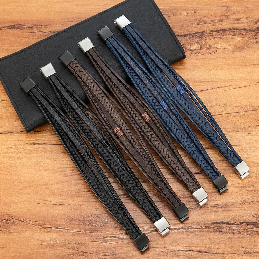 Luxury Fashion Hand-Woven Leather Bracelet - Multilayer Stainless Steel Magnetic Buckle Party Jewelry Gift.