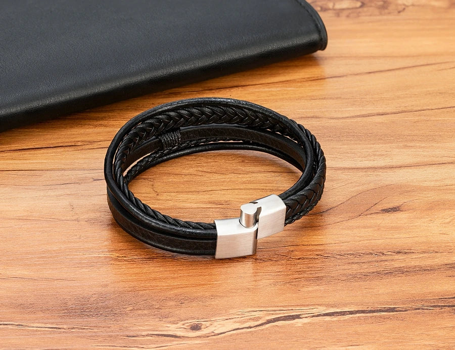 Luxury Fashion Hand-Woven Leather Bracelet - Multilayer Stainless Steel Magnetic Buckle Party Jewelry Gift.