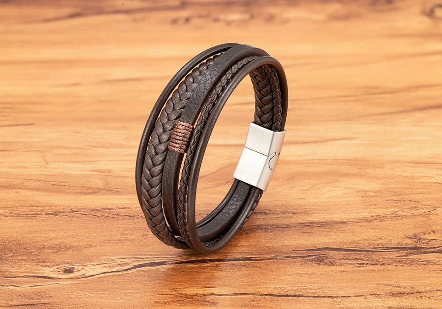 Luxury Fashion Hand-Woven Leather Bracelet - Multilayer Stainless Steel Magnetic Buckle Party Jewelry Gift.