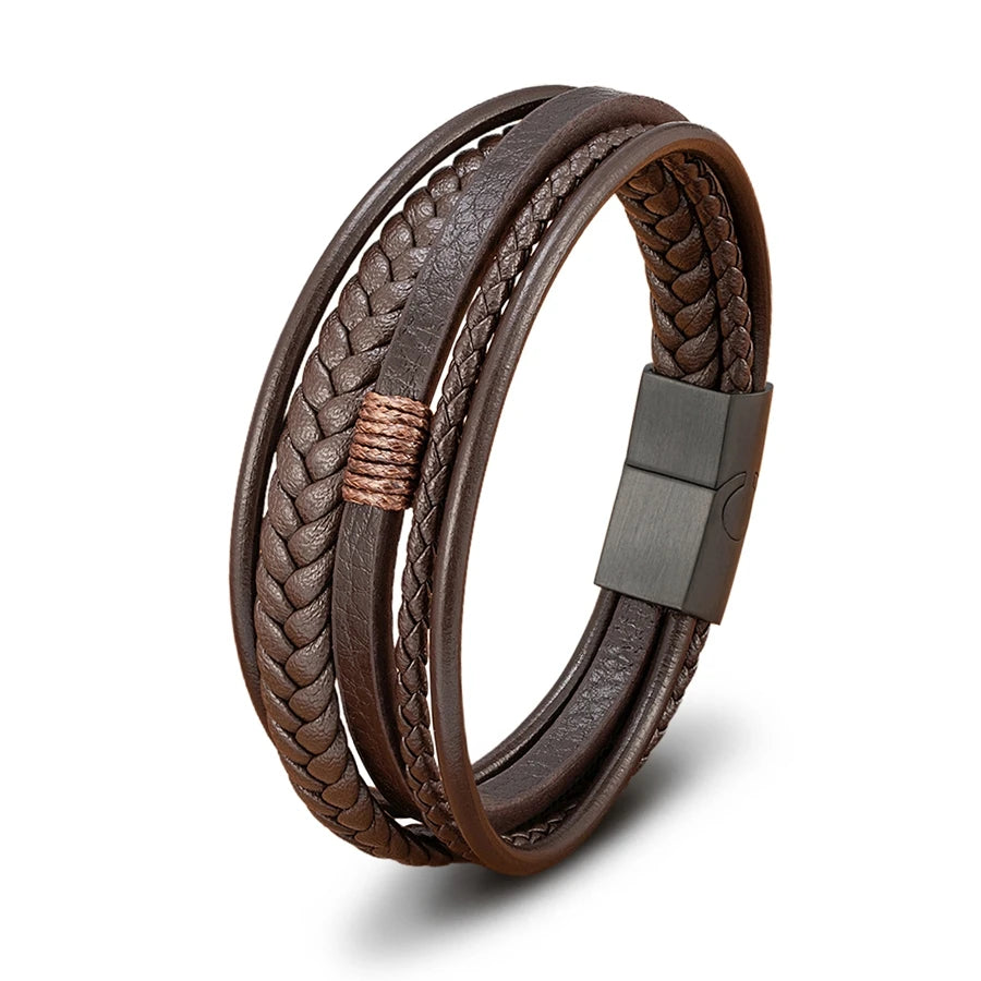 Luxury Fashion Hand-Woven Leather Bracelet - Multilayer Stainless Steel Magnetic Buckle Party Jewelry Gift.