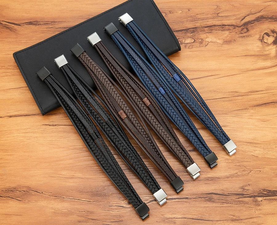 Luxury Fashion Hand-Woven Leather Bracelet - Multilayer Stainless Steel Magnetic Buckle Party Jewelry Gift.