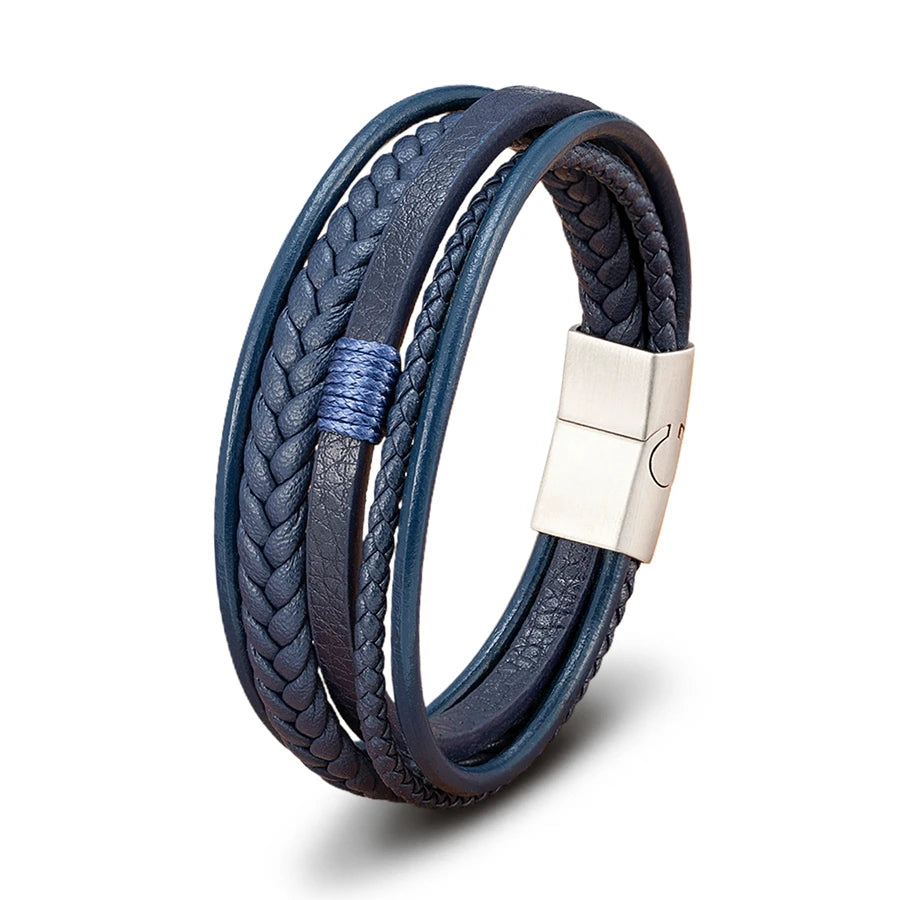 Luxury Fashion Hand-Woven Leather Bracelet - Multilayer Stainless Steel Magnetic Buckle Party Jewelry Gift.