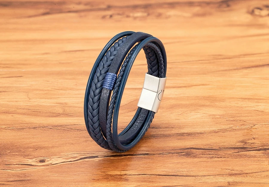 Luxury Fashion Hand-Woven Leather Bracelet - Multilayer Stainless Steel Magnetic Buckle Party Jewelry Gift.