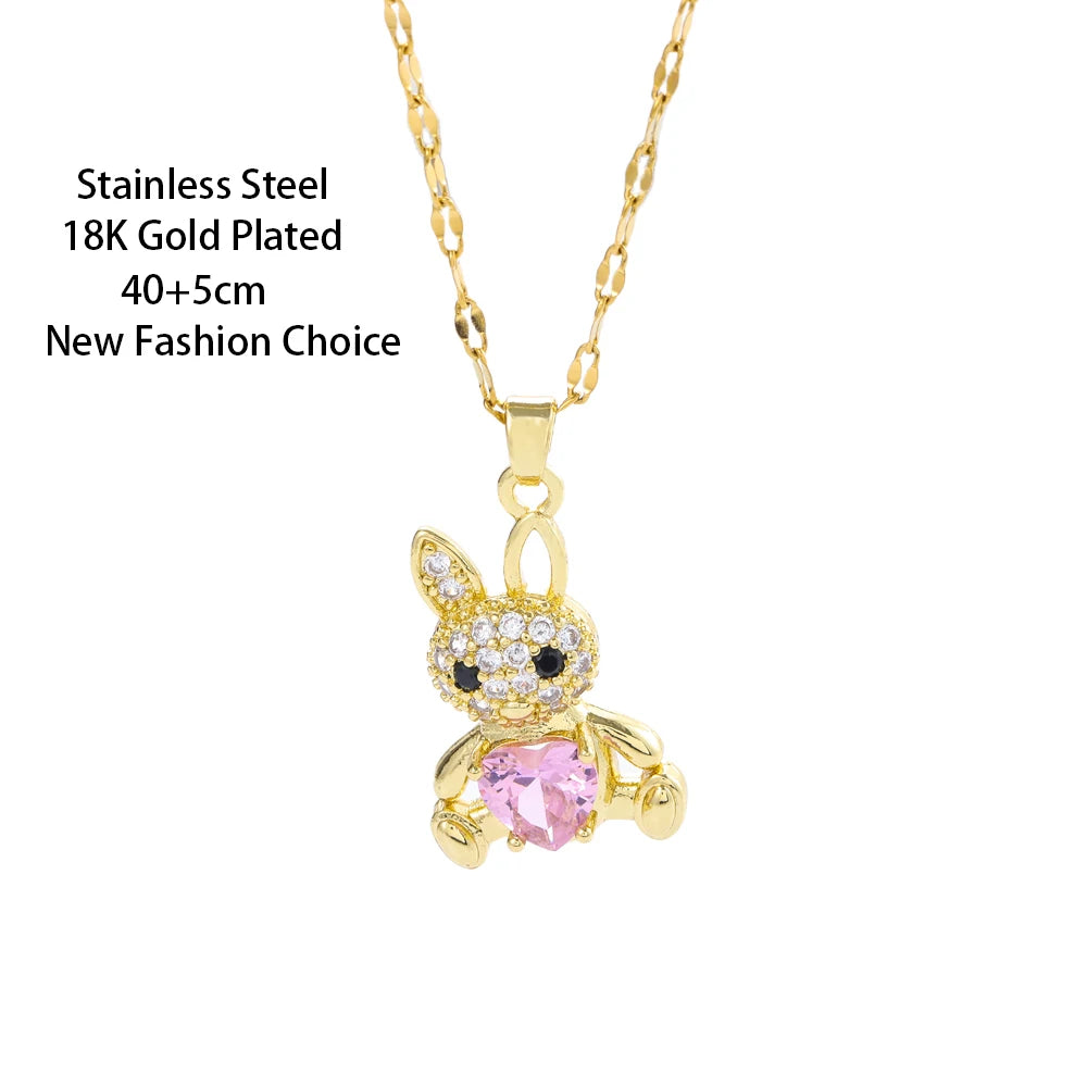 Sweet Pink Rabbit Crystal Jewelry Set for Girls 🩷 | 18K Gold Plated Stainless Steel Necklace & Earrings | Luxury Pink Zircon Bunny Gift 🎁✨