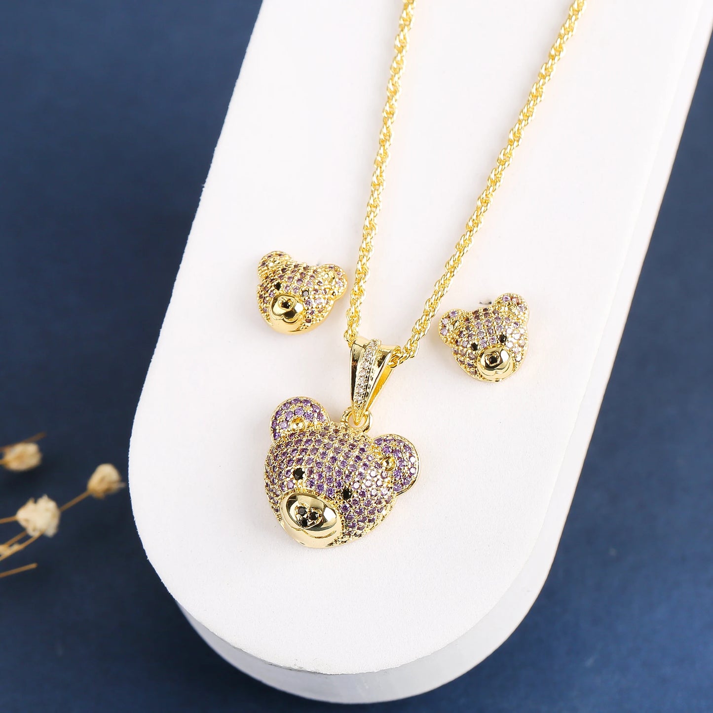 ✨ 3pcs Sparkling Bear Jewelry Set for Girls – Cubic Zirconia Necklace, Earrings & Ring | Cute Accessories for Kids & Teens!