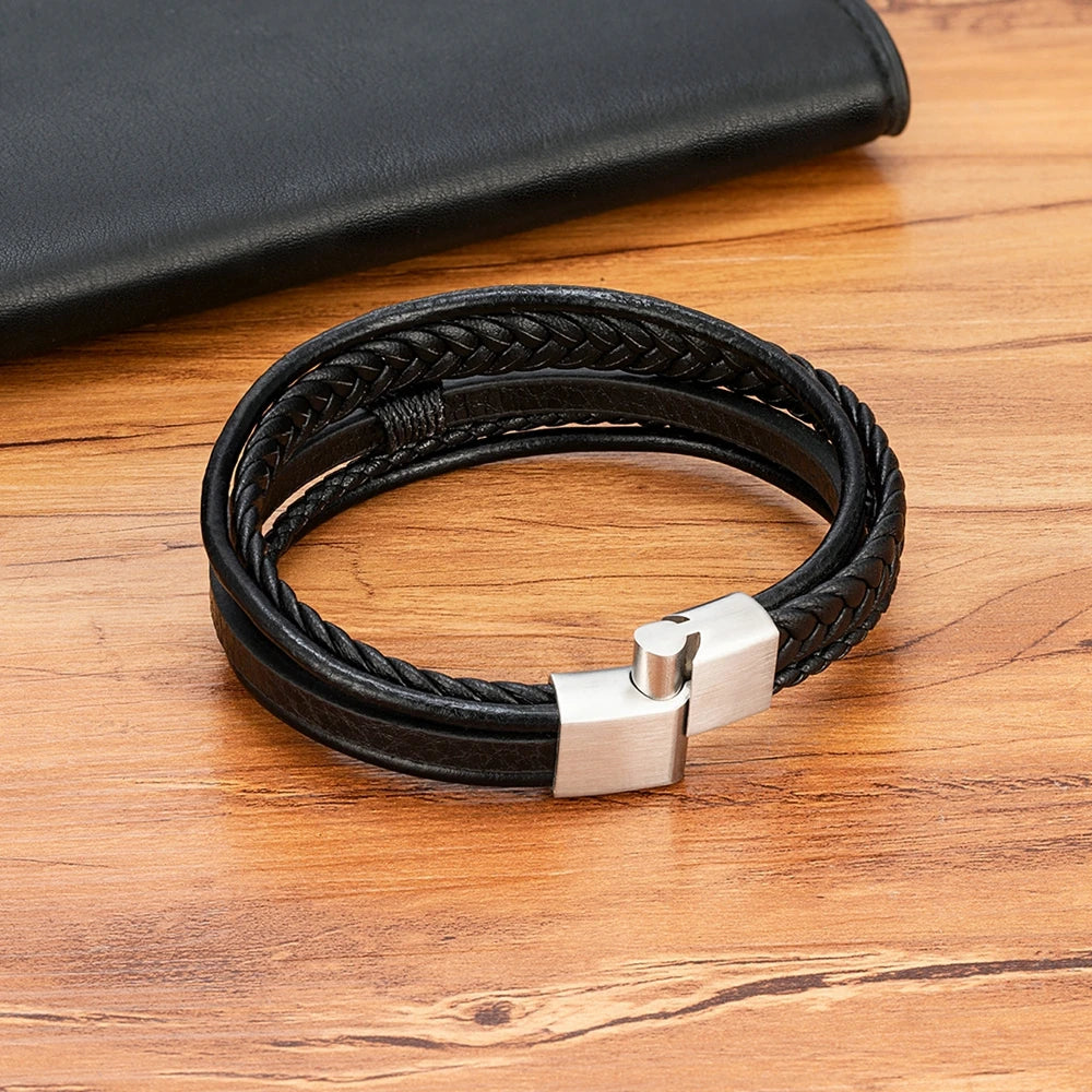 Luxury Fashion Hand-Woven Leather Bracelet - Multilayer Stainless Steel Magnetic Buckle Party Jewelry Gift.