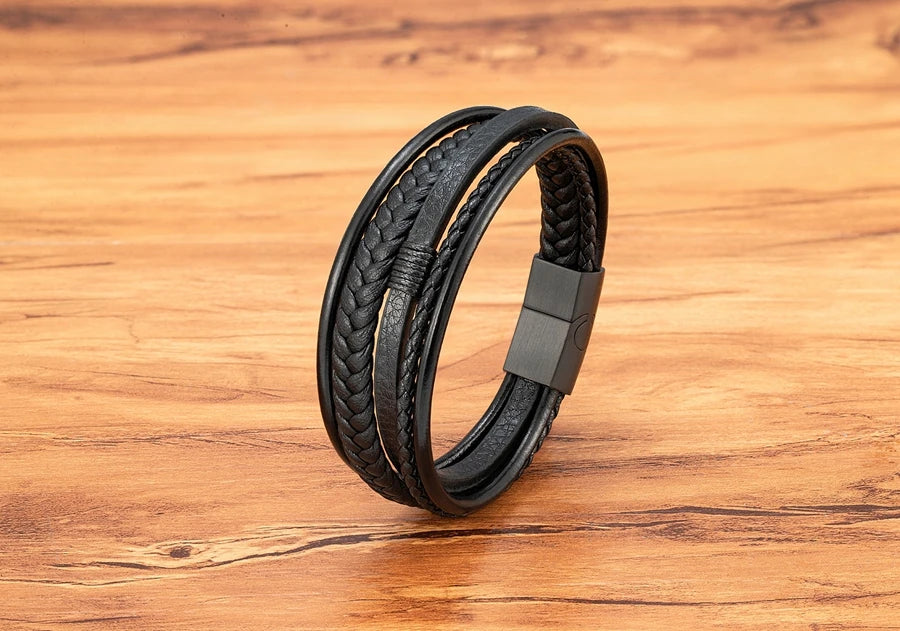Luxury Fashion Hand-Woven Leather Bracelet - Multilayer Stainless Steel Magnetic Buckle Party Jewelry Gift.