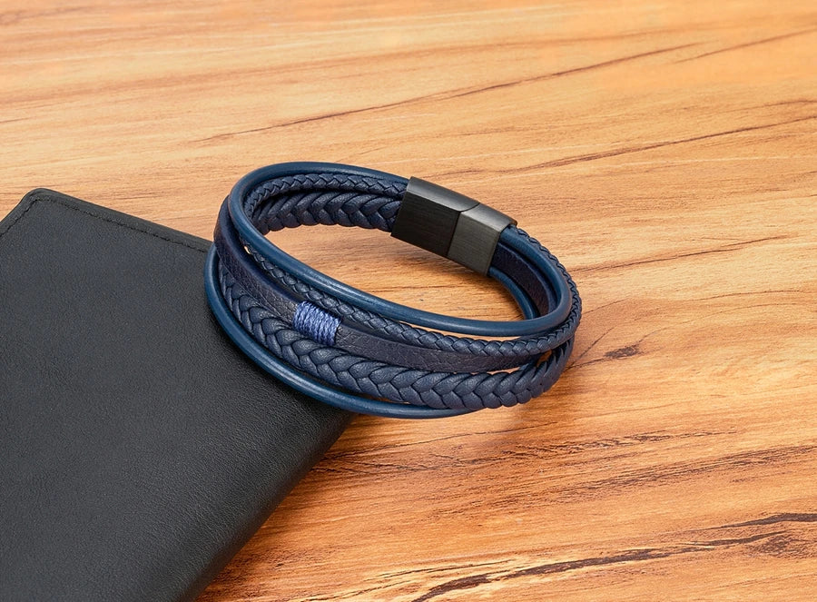 Luxury Fashion Hand-Woven Leather Bracelet - Multilayer Stainless Steel Magnetic Buckle Party Jewelry Gift.