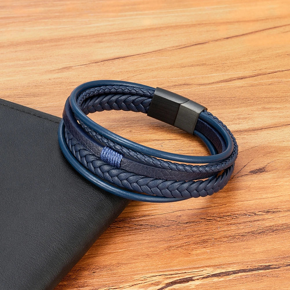 Luxury Fashion Hand-Woven Leather Bracelet - Multilayer Stainless Steel Magnetic Buckle Party Jewelry Gift.