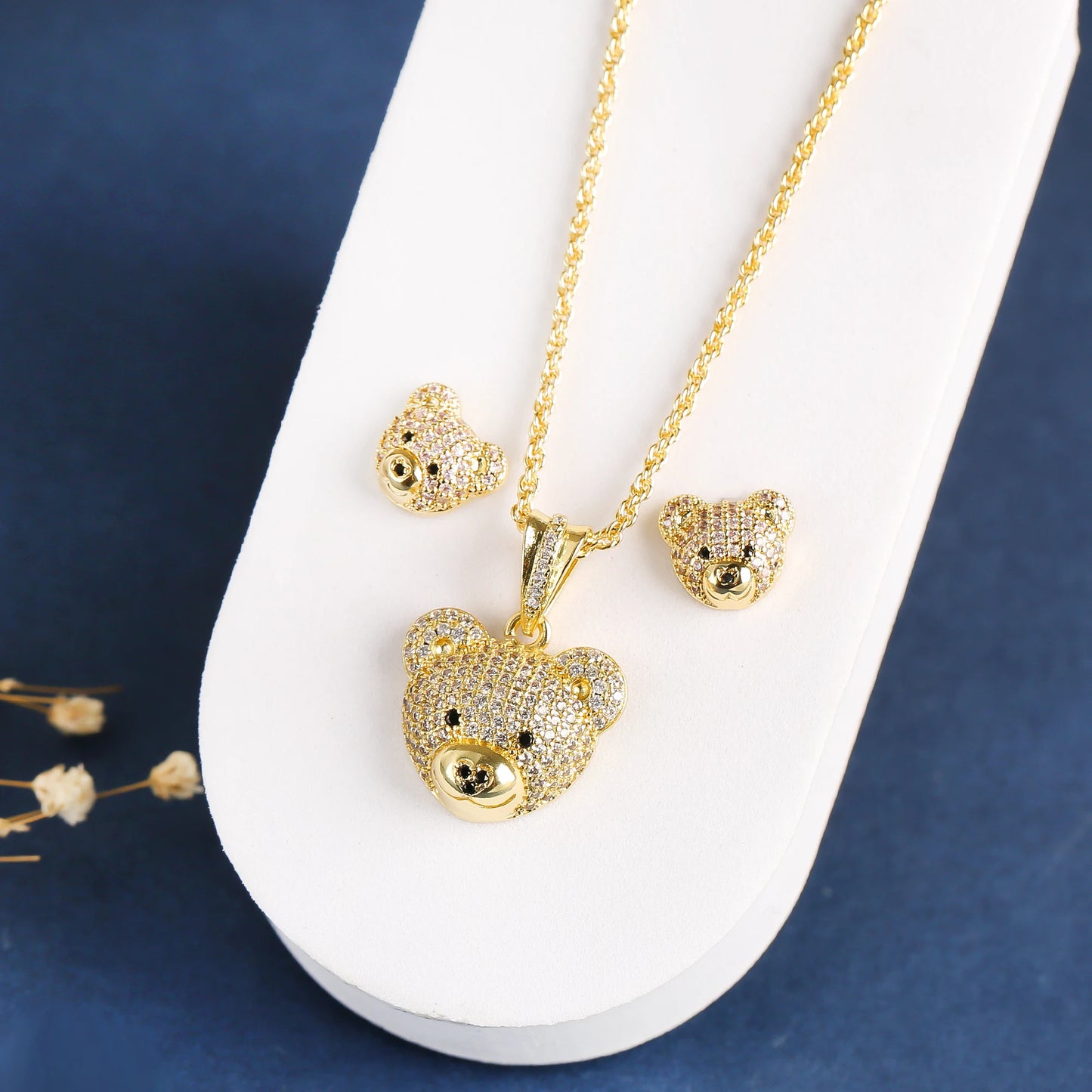 ✨ 3pcs Sparkling Bear Jewelry Set for Girls – Cubic Zirconia Necklace, Earrings & Ring | Cute Accessories for Kids & Teens!