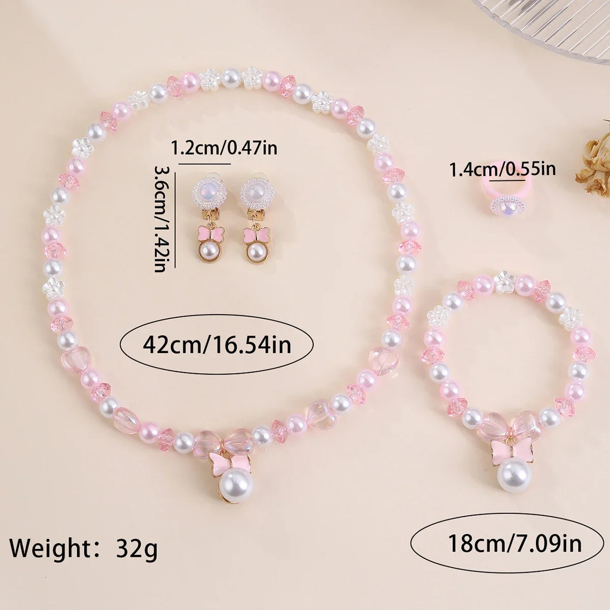 5-Piece Kids Jewellery Set with Pink Bow Pendant – Pearl Beads Necklace, Bracelet, Earrings & Ring | Party Jewellery Set for Girls!