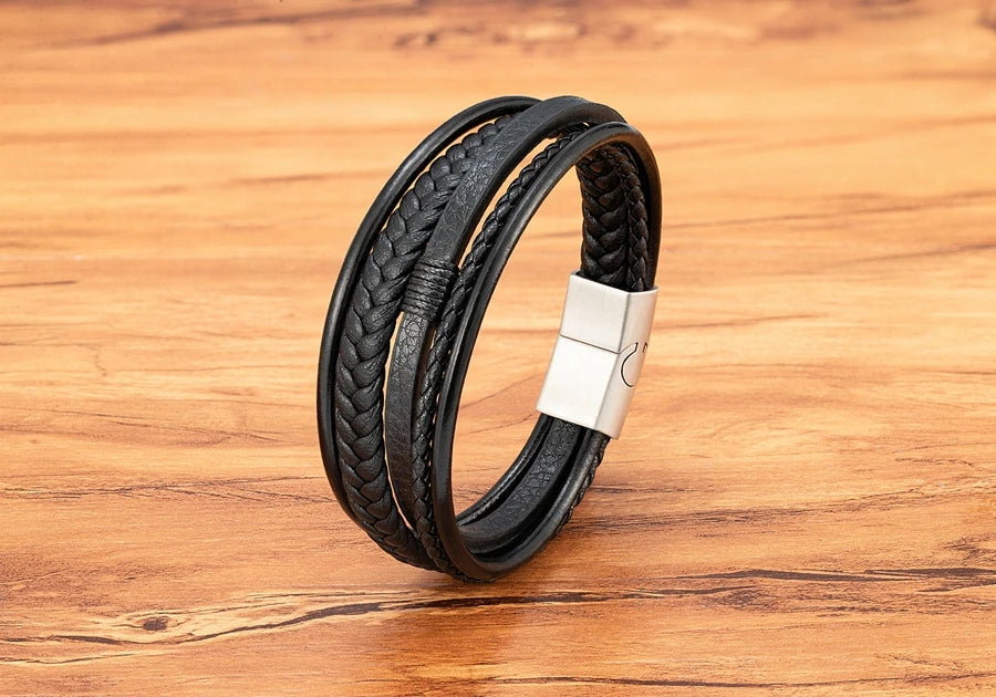 Luxury Fashion Hand-Woven Leather Bracelet - Multilayer Stainless Steel Magnetic Buckle Party Jewelry Gift.