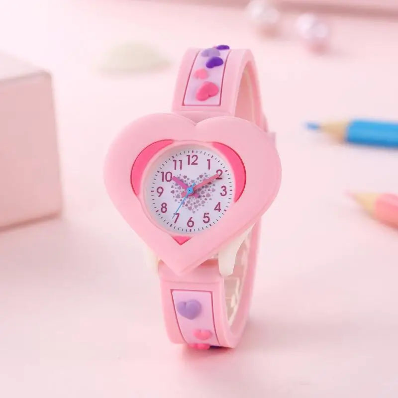 3D Heart-Shaped Quartz Watch for Girls | Kids Learning Time Wristwatch!
