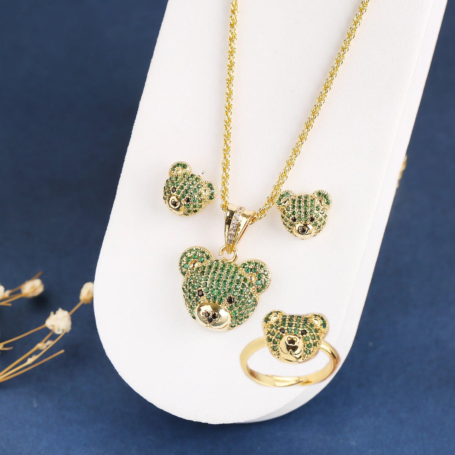 ✨ 3pcs Sparkling Bear Jewelry Set for Girls – Cubic Zirconia Necklace, Earrings & Ring | Cute Accessories for Kids & Teens!