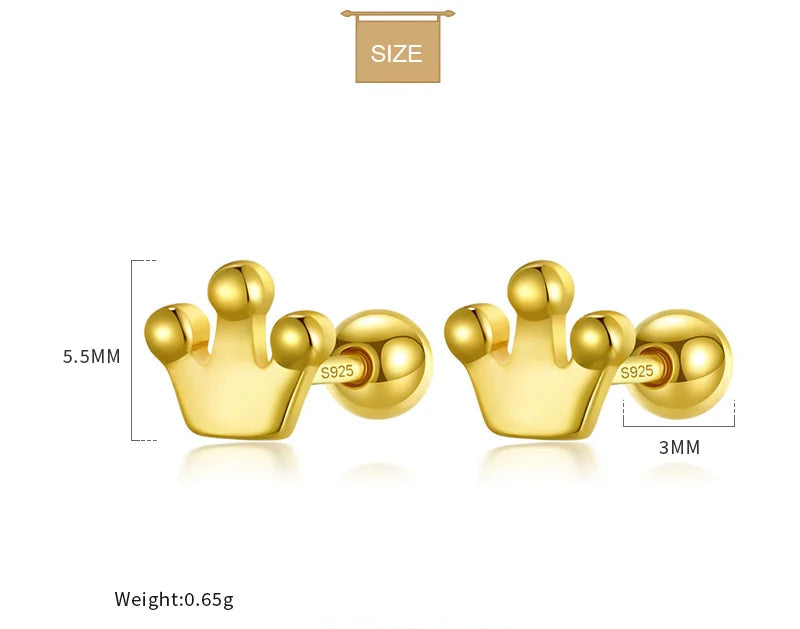 925 Sterling Silver Crown Stud Earrings 👑 | Screw Back Hypoallergenic Fine Jewelry for Girls & Women – Royal Style, Everyday Comfort!