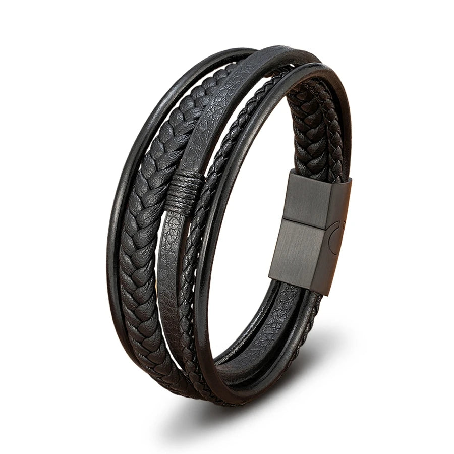 Luxury Fashion Hand-Woven Leather Bracelet - Multilayer Stainless Steel Magnetic Buckle Party Jewelry Gift.