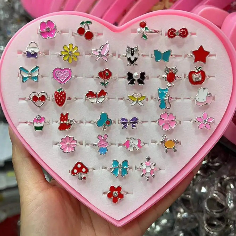 💖 36Pcs Princess Rings Set – Adjustable Crystal Flower Alloy Rings for Girls in Jewelry Gift Box 🎁 | Dress-Up Accessories