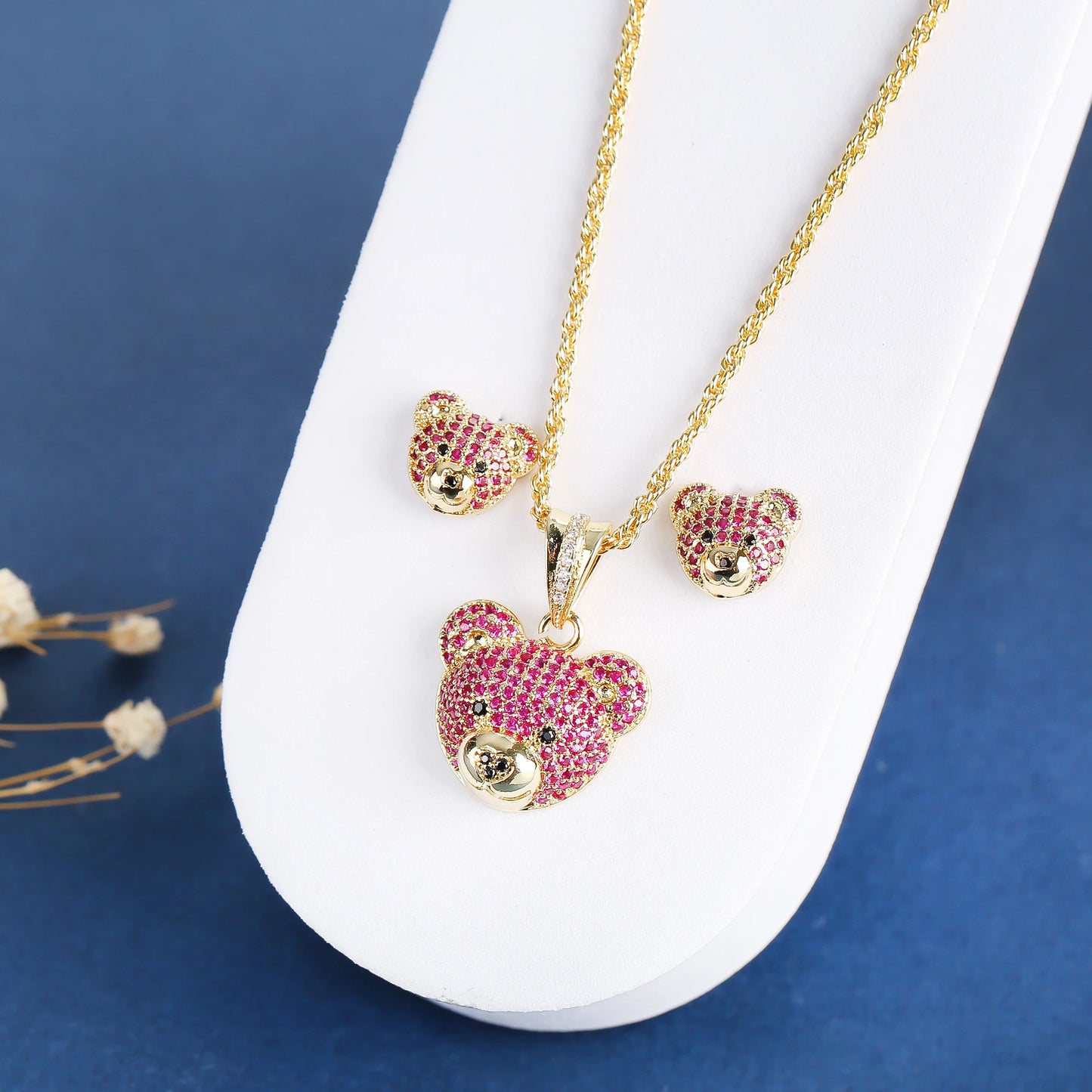 ✨ 3pcs Sparkling Bear Jewelry Set for Girls – Cubic Zirconia Necklace, Earrings & Ring | Cute Accessories for Kids & Teens!