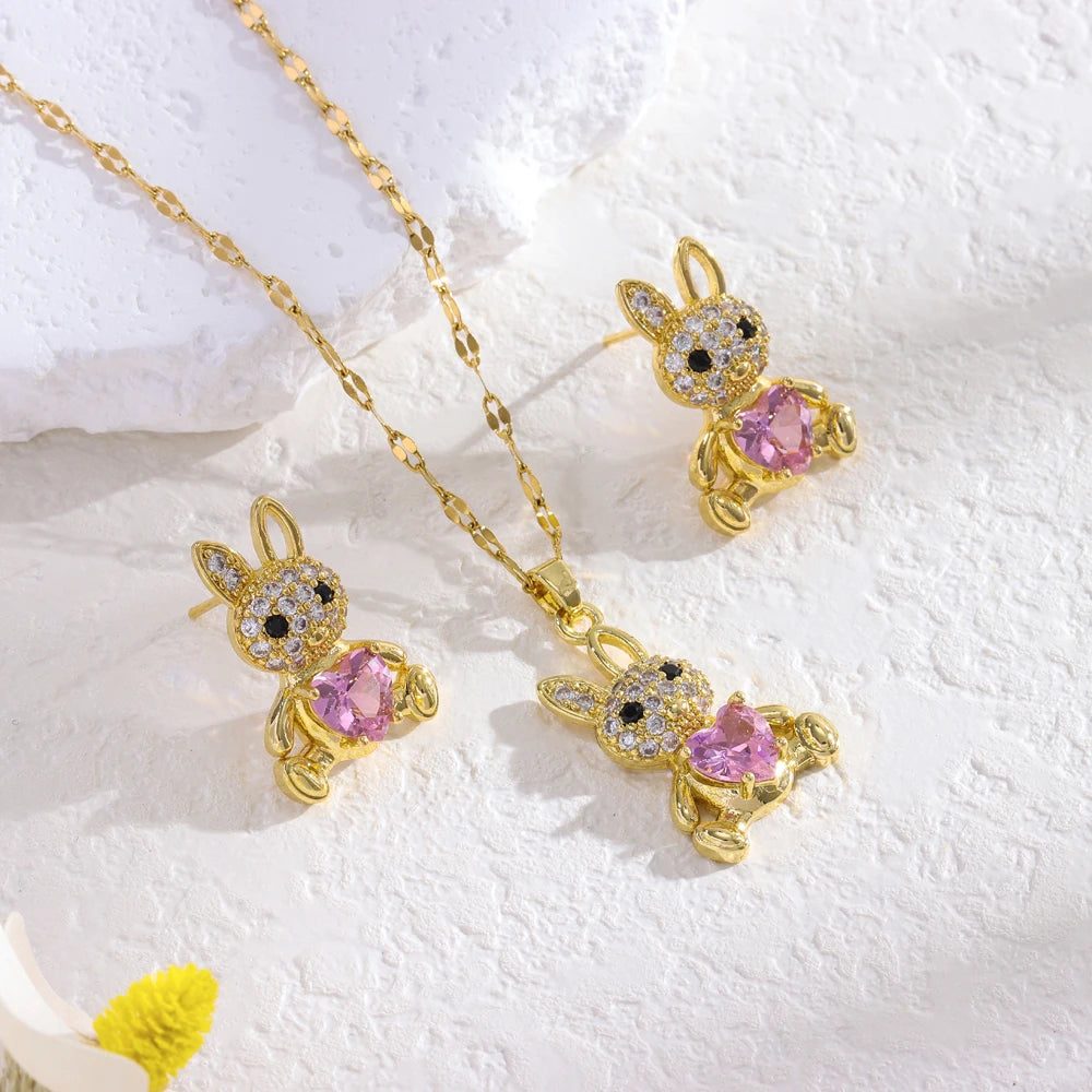 Sweet Pink Rabbit Crystal Jewelry Set for Girls 🩷 | 18K Gold Plated Stainless Steel Necklace & Earrings | Luxury Pink Zircon Bunny Gift 🎁✨