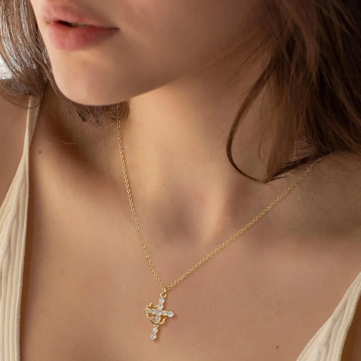 Girls' Diamond Cross Necklace ✨ | 14K Gold Plated Simple Cross Pendant with Cubic Zirconia 💎 | Elegant Religious Jewelry Gift for Teens & Kids.