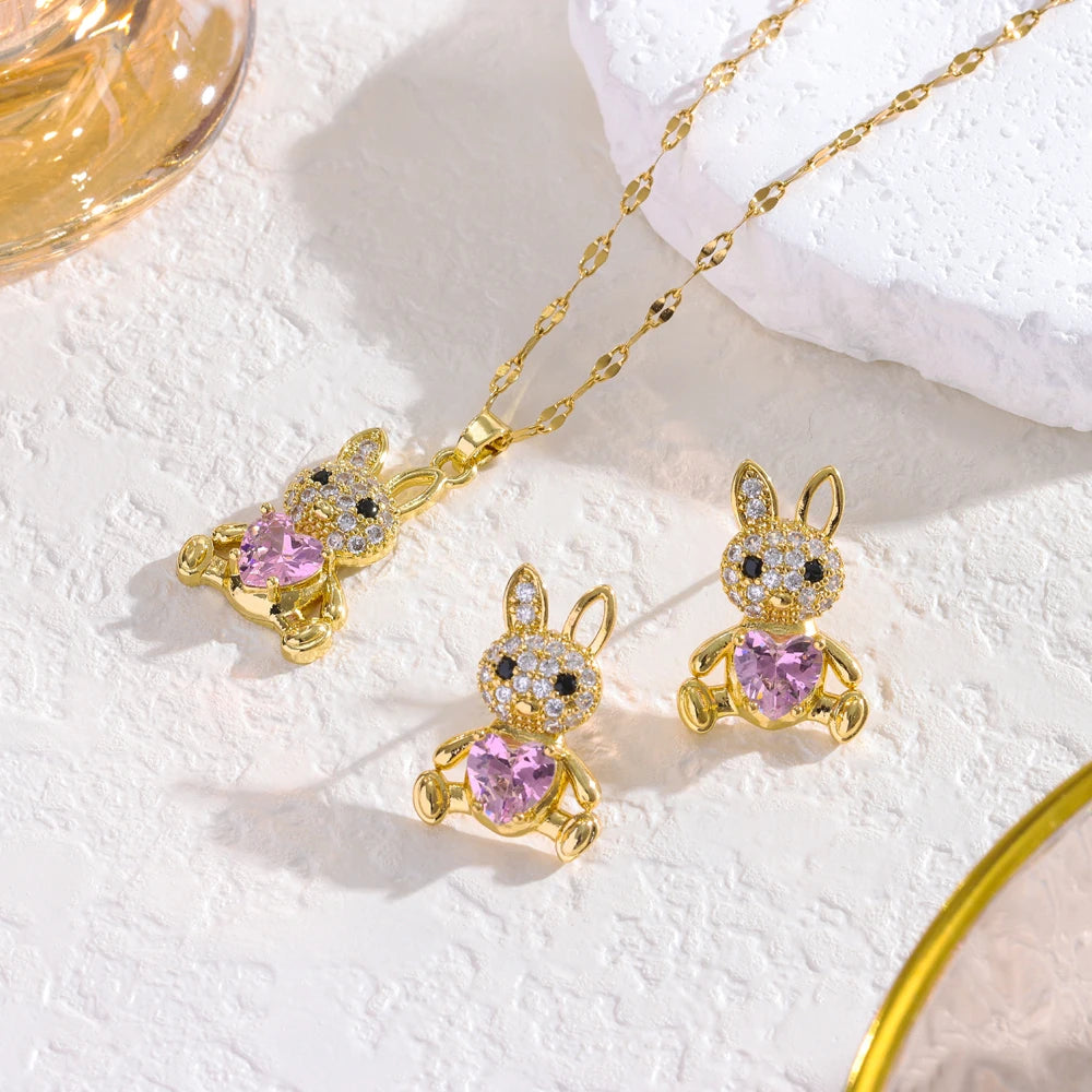 Sweet Pink Rabbit Crystal Jewelry Set for Girls 🩷 | 18K Gold Plated Stainless Steel Necklace & Earrings | Luxury Pink Zircon Bunny Gift 🎁✨