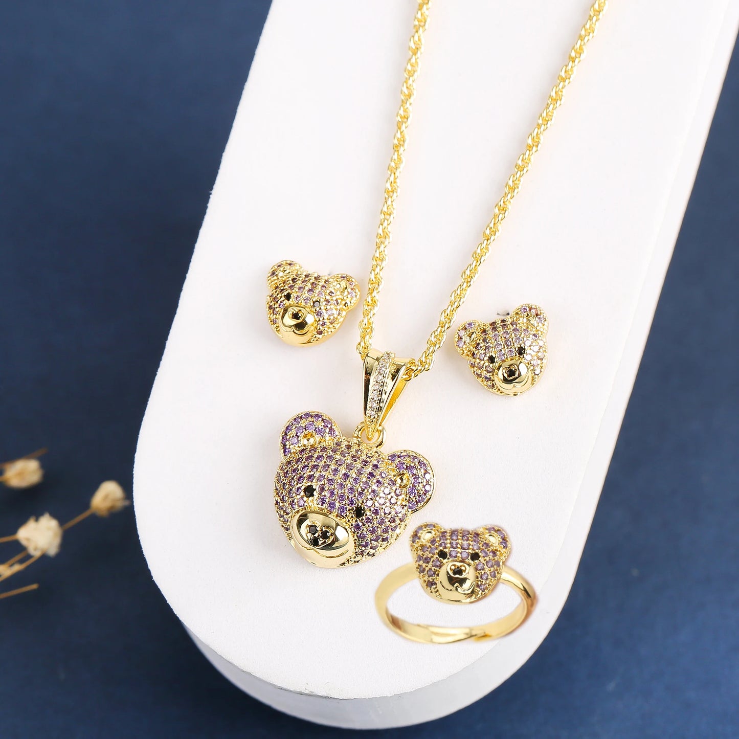 ✨ 3pcs Sparkling Bear Jewelry Set for Girls – Cubic Zirconia Necklace, Earrings & Ring | Cute Accessories for Kids & Teens!