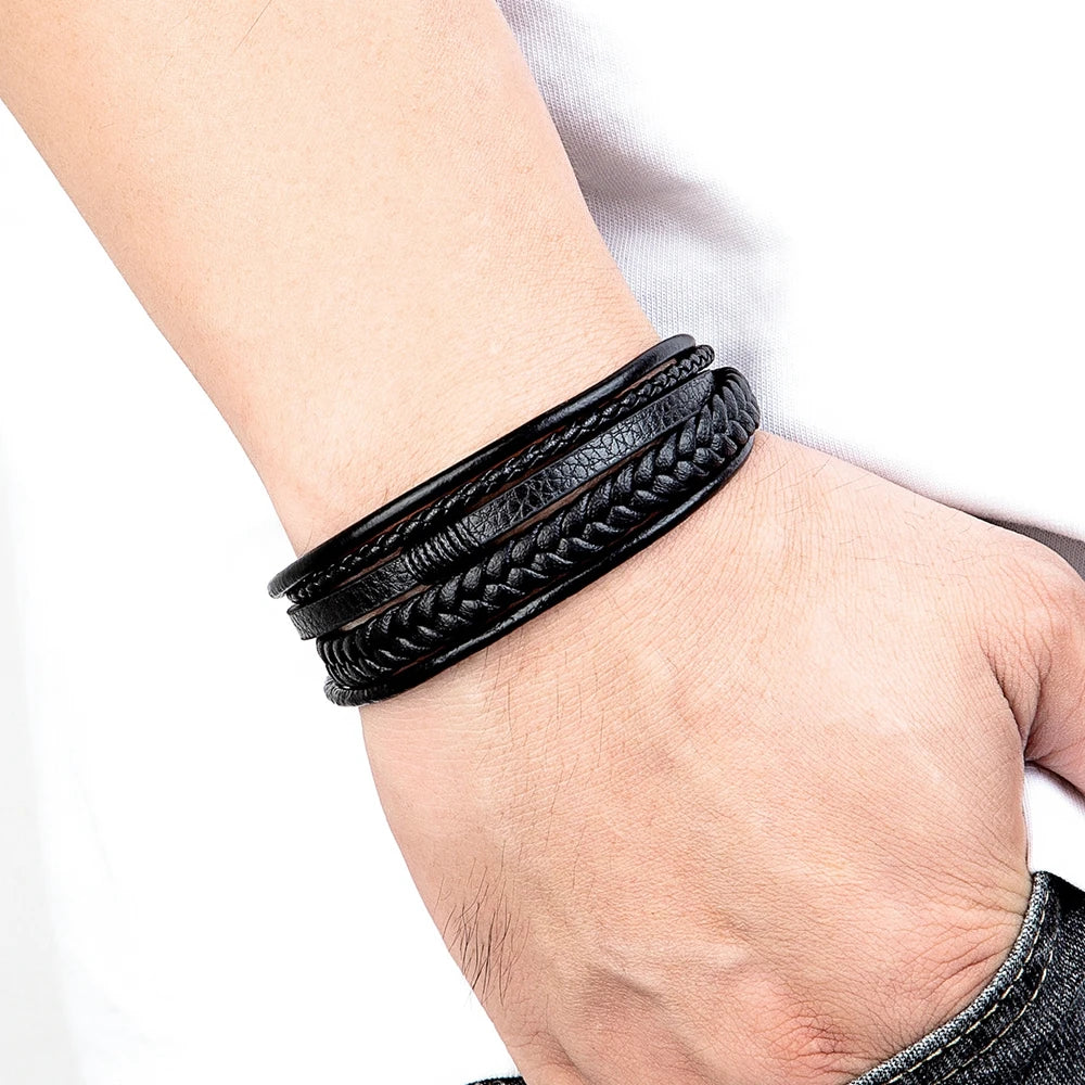 Luxury Fashion Hand-Woven Leather Bracelet - Multilayer Stainless Steel Magnetic Buckle Party Jewelry Gift.