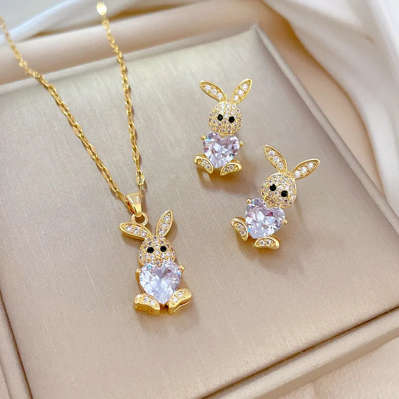 Cute Rabbit Crystal Jewelry Set for Girls 🐇 | Necklace & Earrings with Shiny Austrian Crystals | Birthday Gift Set 🎁