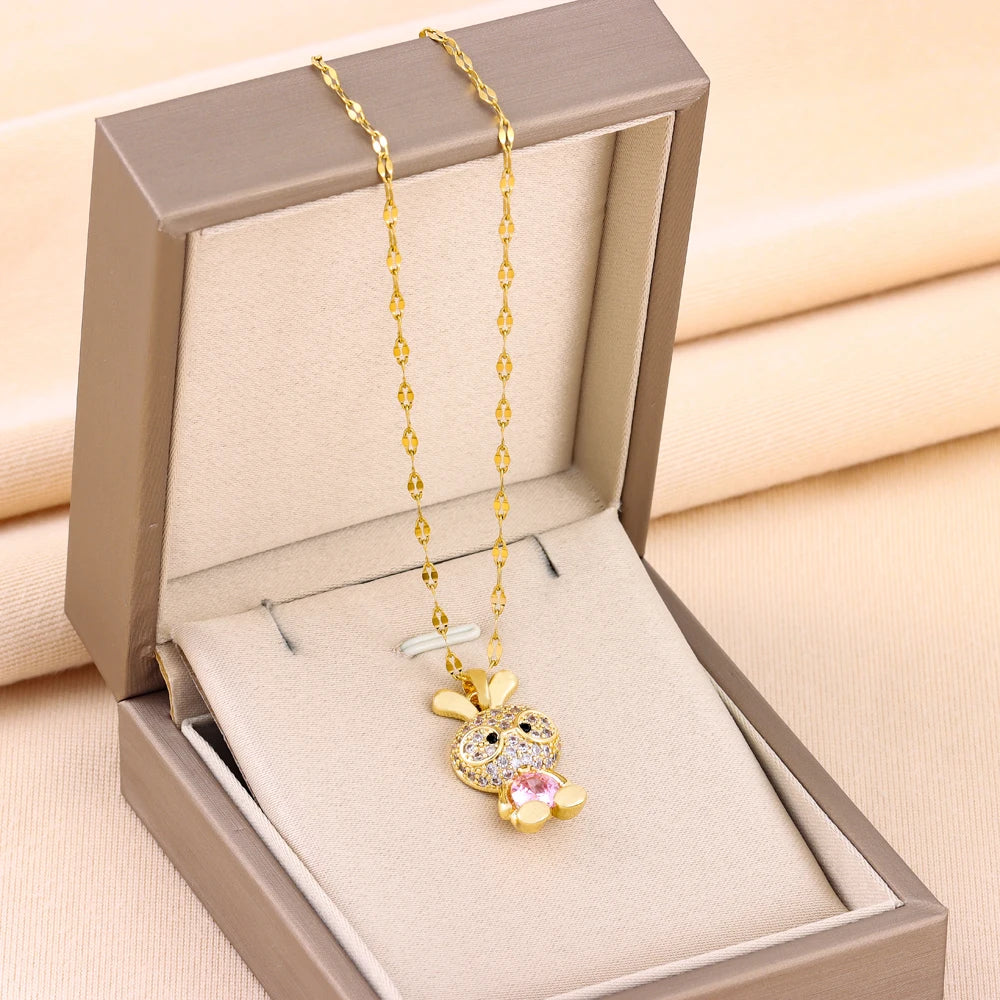Sparkling 18k Gold Plated CZ Studded Rabbit Pendant Necklace - A Glamorous Delight for Girls, Teens, and Women! - Kids Jewellery Shop