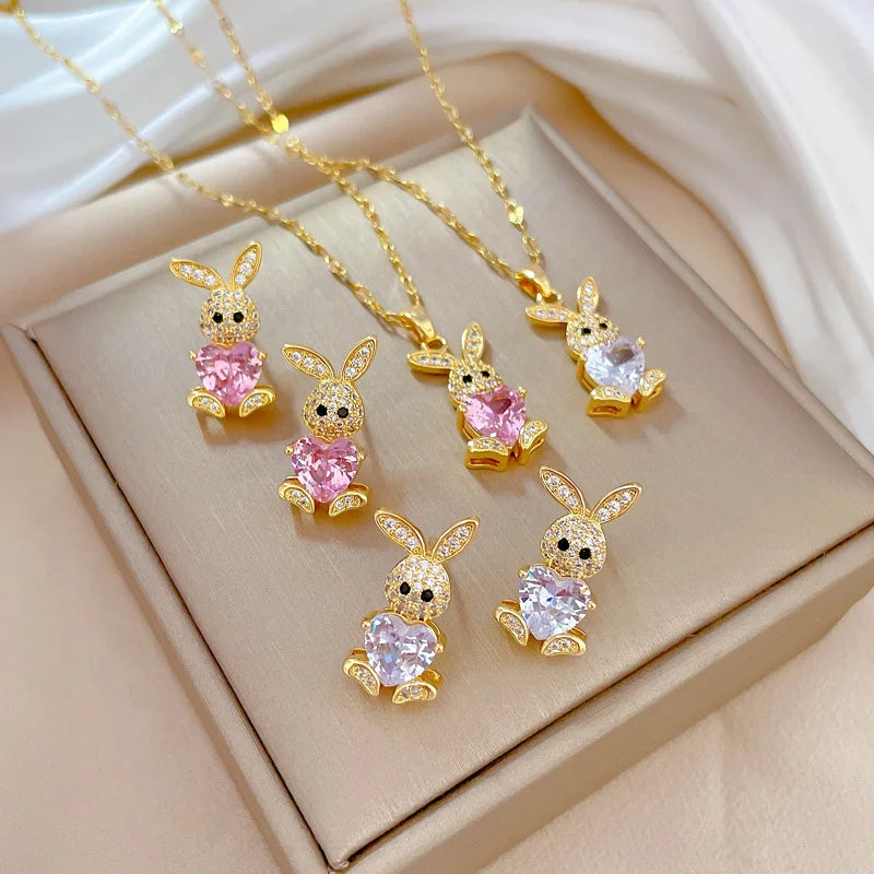 Cute Rabbit Crystal Jewelry Set for Girls 🐇 | Necklace & Earrings with Shiny Austrian Crystals | Birthday Gift Set 🎁